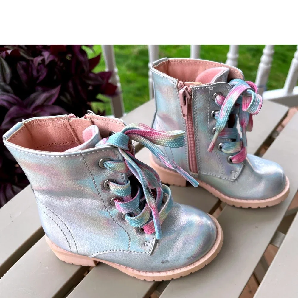 Jelly pop Girls Boots‎ Size 6M Toddler Iridescent Rainbow Lace Up Zipper Ankle